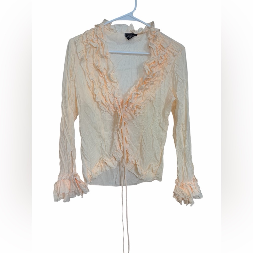 Vintage Fairycore Ruffle Tie Front Blouse Peach Cream Romantic Cottagecore Top S